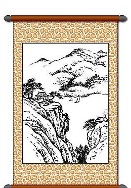 白描 风景画图片祥云风景画瀑布,黑白色,水免费可商用黑白花纹边框