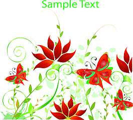 红绿色蝴蝶和开花藤蔓插画