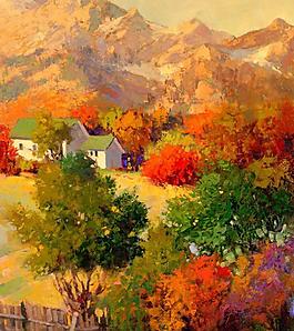 油画 山村秋景图片