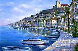 油画 湖畔的走廊图片