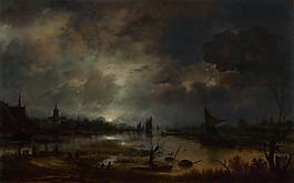 Aert van der Neer - A River near a Town, by Moonlight大师画家古典画古典建筑古典景物装饰画油画