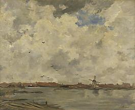 Jacob Maris - A Windmill and Houses beside Water - Stormy Sky大师画家古典画古典建筑古典景物装饰画油画