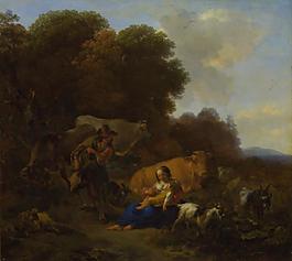 Nicolaes Berchem - A Peasant playing a Hurdy-Gurdy to a Woman and Child大师画家古典画古典建筑古典景物装饰画油画