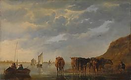 Aelbert Cuyp - A Herdsman with Five Cows by a River大师画家古典画古典建筑古典景物装饰画油画