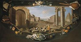 Flipart, Charles Joseph - Paisaje con perspectiva arquitrectonica, columnas y piramide con cenefa大师画