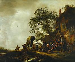 Isack van Ostade - Travelers Halting at an Inn, c. 1635-49大师画家古典画古典建筑古典景物装饰画油画