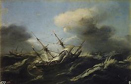 Wou, Claes Claesz. (Attributed to) - Navios en una tormenta, 17 Century大师画家古典画古典建筑古典景物装饰画油画