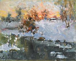 Georgy Lapshin - Winter Landscape at Sunset大师画家风景画静物油画建筑油画装饰画