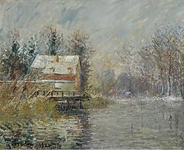 Gustave Loiseau - The House by the Water, Snow Effect, 1920大师画家风景画静物油画建筑油画装饰画