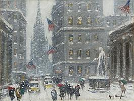 Guy Carleton Wiggins - Wall Street with a View of Trinity Church and the Sub Treasury Building大师画家风景