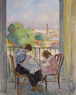 Henri Lebasque - Madame Lebasque and Her Daughter Sewing near the Window, 1911大师画家风景画静物油画建筑油画装饰画
