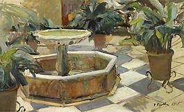 Joaquin Sorolla y Bastida - Fountain in a Courtyard, Seville, 1915大师画家风景画静物油画建筑油画装饰画