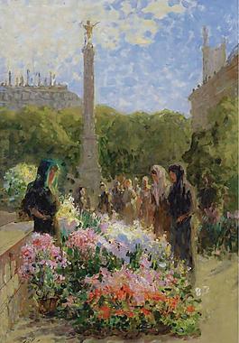 Pierre-Eugene Montezin - Ile de la Cite, Flowers Market大师画家风景画静物油画建筑油画装饰画