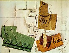 1914 Verre, bouteille de vin, paquet de tabac, journal西班牙画家巴勃罗毕加索抽象油画人物人体油画装饰画