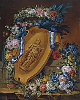 Roma, Jose - Guirnalda de flores con motivo escultorico, Primera mitad del 19 Century花卉水果蔬菜器皿静物印象画派写