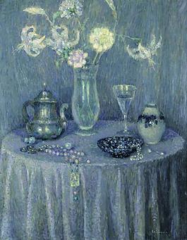 Henri Le Sidaner - The Table, Harmony in Grey, 1927花卉水果蔬菜器皿静物印象画派写实主义油画装饰画