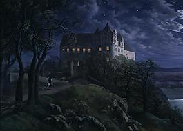 Ernst Ferdinand Oehme - Burg Scharfenberg bei Nacht西方古典风景人物天使宗教建筑田园印象派写实主义油画装饰画