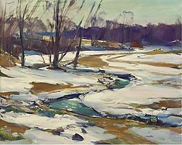 Carl William Peters - Creek and Melting Snow风景水景河流海洋植物树木田园印象画派写实主义油画装饰画