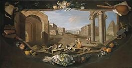 Flipart, Charles Joseph - Paisaje con perspectiva arquitrectonica, columnas y piramide con cenefa de