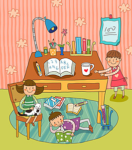 在卧室里看书学习的孩子们