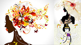 时尚花纹与美女插画矢量素材