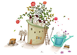 长满花的屋顶水彩卡通免费插画素材