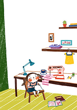 学缝纫的小女孩插画素材