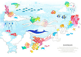 海里面的卡通彩笔艺术风格插画免费素材