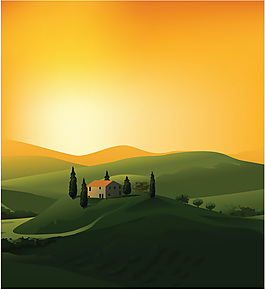 夕阳原野自然风景矢量素材