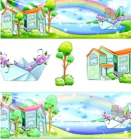 手绘卡通夏日风景矢量素材