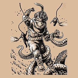 印花矢量图 人物 潜水服 动物 章鱼 免费素材