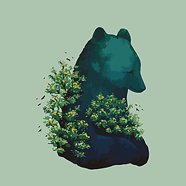 印花失量图 动物 熊 植物 叶子 免费素材