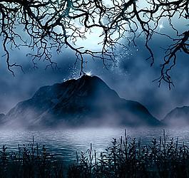 科幻世界 影楼背景 湖水 树枝图片