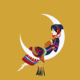 印花矢量图 人物 女人 少数民族 月亮 免费素材