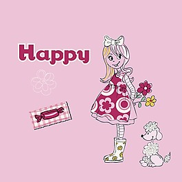 印花矢量图 人物图案 少女 小狗 贵妇犬 免费素材