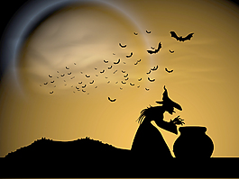 横幅或背景的鬼夜万圣节派对与女巫的剪影