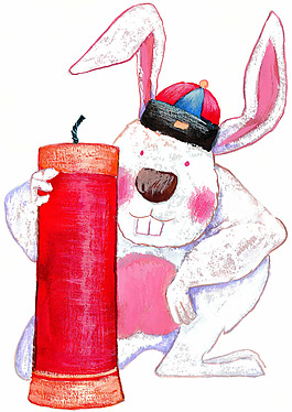 小白兔放鞭炮水彩画