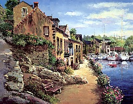 湖边小镇油画