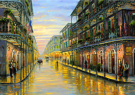 小镇街景油画