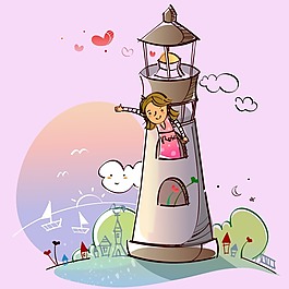 印花矢量图 人物 女孩 高塔 色彩 免费素材