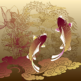 印花矢量图 动物 鲤鱼 云雾 植物花纹 免费素材