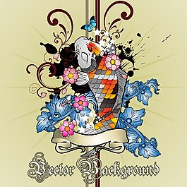 印花矢量图 动物 鲤鱼 植物花纹 花朵 免费素材