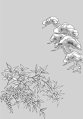 日本矢量风格手绘枝叶