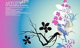 在中国传统风格的花鸟画矢量