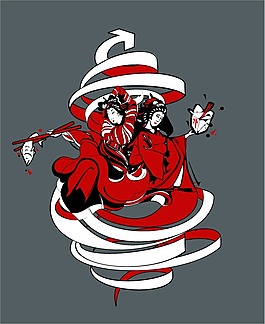 印花矢量图 人物 日本艺伎 色彩 黑白色 免费素材