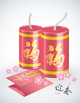 矢量3D鞭炮和红包新年翻译：春天