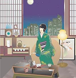 日本茶道美女矢量素材
