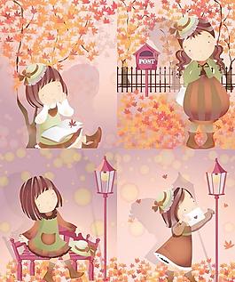 秋天主题可爱卡通女孩系列插画矢量素材
