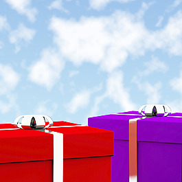 红色和蓝色的天空背景的礼盒作为礼物给他和她