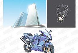 高层建筑的黑豹和摩托车矢量素材